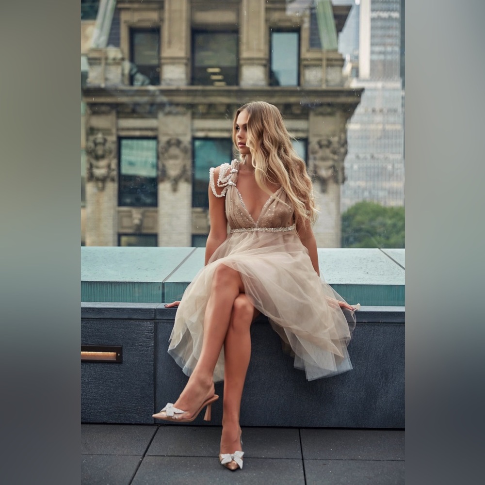 Beige cocktail dress, Beaded evening Midi dress, Airy Party dress,Wedding beige - Picture 2 of 14